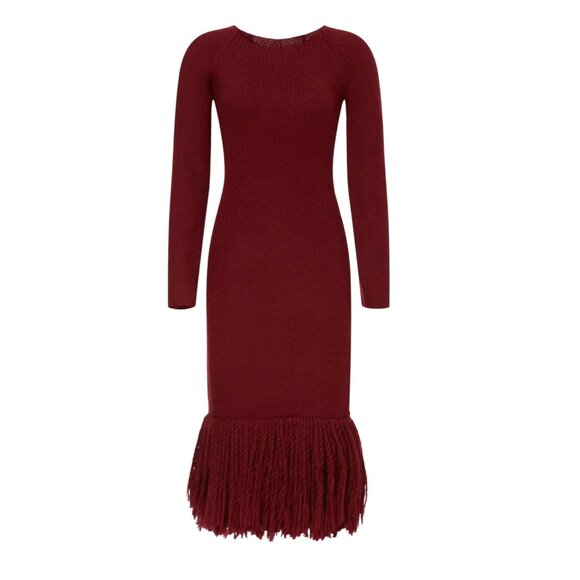 Marina Moscone Red Knit Fringe Hem Long Sleeve Dress L - Picture 5 of 5